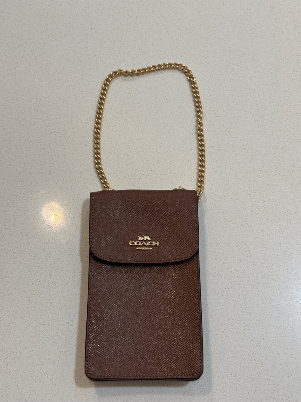 Coach Brown Leather Phone Crossbody with Gold Chain Strap